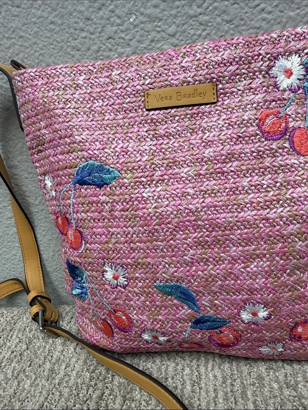 Vera Bradley Pink Woven Crossbody with Cherry Embroidery